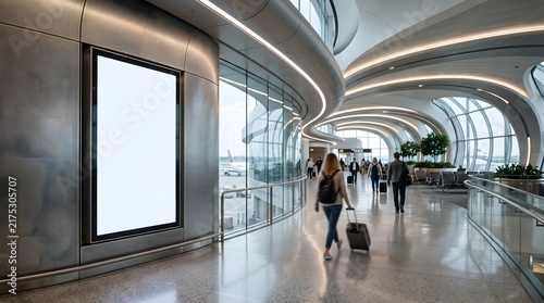 Blank vertical billboard display in a modern airport terminal with passengers walking.