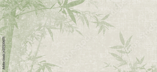 textured light grey linen background featuring a faded, delicate green bamboo plant and leaf pattern.