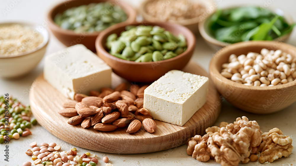 Obraz premium Healthy vegan protein sources like tofu, almonds, seeds, and beans arranged on a wooden board for plant based diet and nutrition concepts