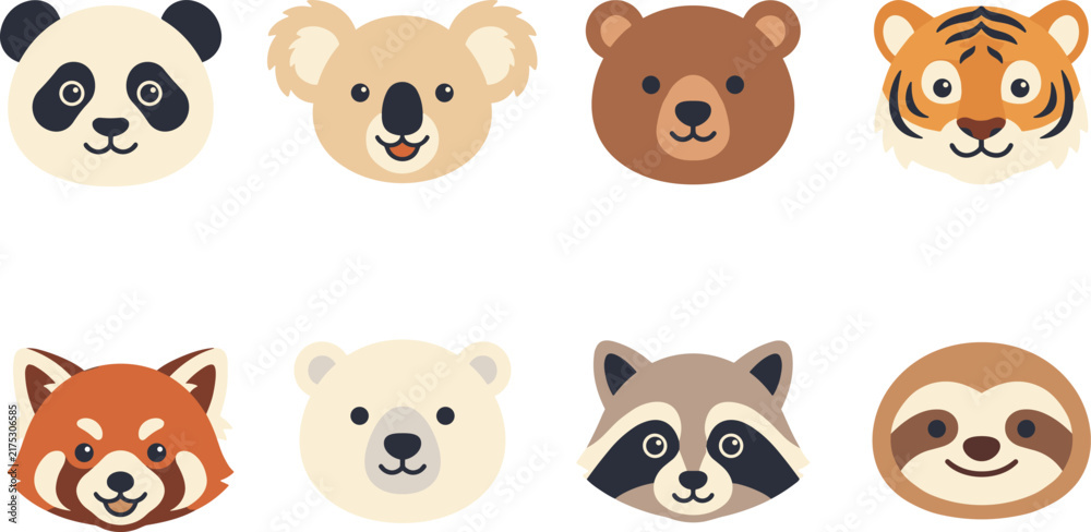 Naklejka premium Cartoon vector illustrations of animal faces including panda, koala, bear, tiger, red panda, polar bear, raccoon, sloth