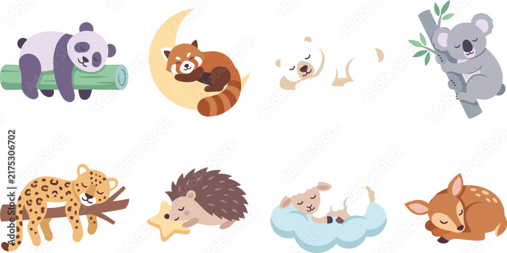 Obraz premium Cartoon vector illustrations of sleeping animals including panda, red panda, polar bear, koala, leopard, hedgehog, lamb, fawn