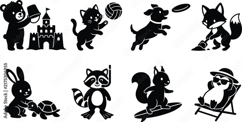 Obraz premium Vector silhouettes of cartoon animals in playful summer beach activities including surfing, snorkeling, sandcastle, ball, and lounge chair