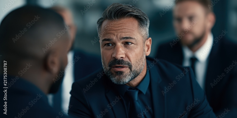 Fototapeta premium Focused Businessman in Deep Discussion at Corporate Meeting