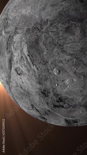 Cinematic view of a Haumea fictional alien planet surface with glowing sun flare in deep space