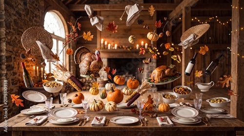 Festive Thanksgiving dinner table in a rustic barn with roasted turkey, pumpkins, candles, wine and floating autumn harvest decor, perfect for holiday celebration themes.