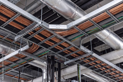 Industrial cable trays and piping system in modern factory ceiling