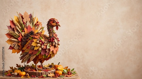Decorative Thanksgiving turkey made from autumn leaves, wheat, berries and pinecones with pumpkins on rustic table and copy space, perfect for harvest holiday designs.