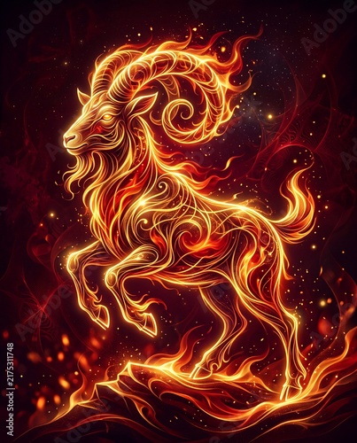 Fiery Aries zodiac ram glowing with golden flames on dark cosmic background, ideal for astrology, horoscope, fantasy, spiritual, celestial and mystical design projects.