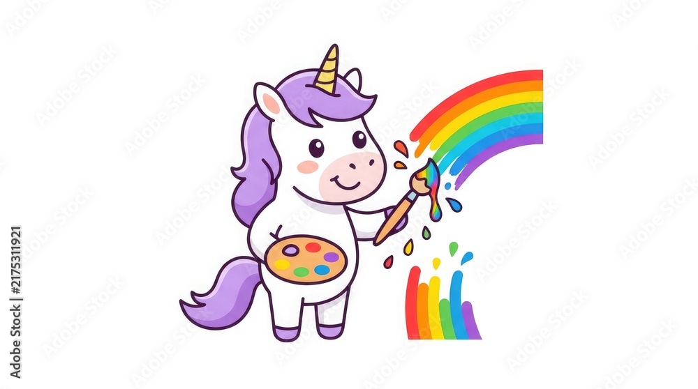 Fototapeta premium Cute unicorn painting a colorful rainbow isolated on white background