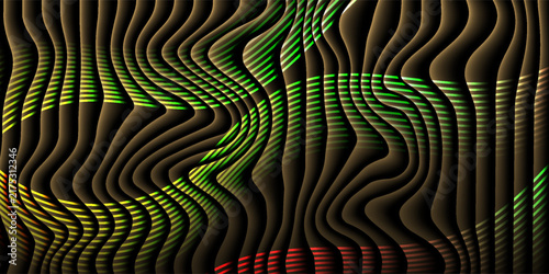 Abstract 3D Wavy Vertical Stripes Background with Green and Yellow Neon Glow
