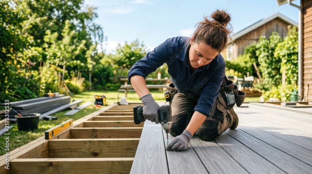 Fototapeta premium Female builder installing decking boards outdoors