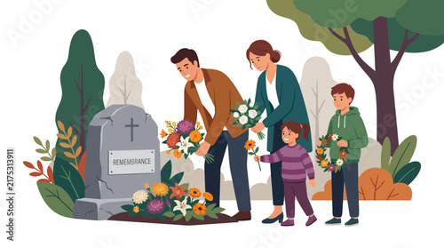 Bild auf Leinwand Family Paying Respects at a Grave Site Flat Vector Illustration