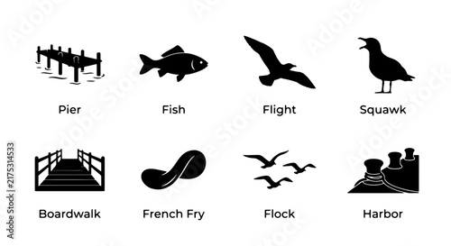 Bild auf Leinwand Coastal Icons Set: Pier, Fish, Bird Flight, Boardwalk, French Fry, Flock, Harbor