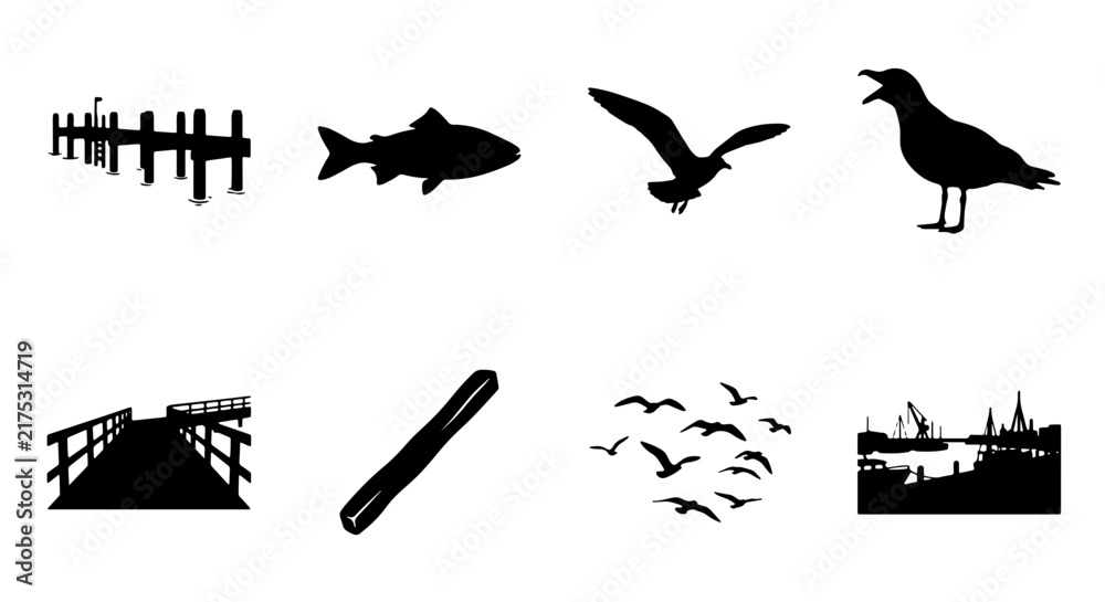 Fototapeta premium Coastal Silhouette Icons: Nautical Pier, Salmon Fish, Seagulls, Birds in Flight, Dock Landscape, Wood Plank, Flock of Birds, Harbor Scene Vector Set