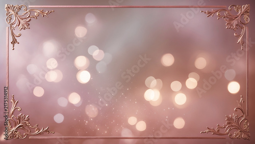 Elegant rose gold frame with soft bokeh lights for wedding invitation or holiday background