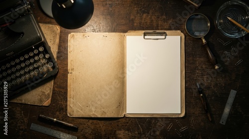 Noir detective desk mockup with blank evidence folder and vintage accessories.