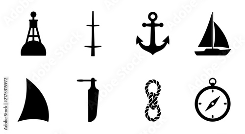 Foto Nautical Icons Set: Sailboat, Anchor, Compass, Buoy, Mast, Rope, Sail, and Fogho
