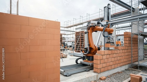 Industrial robot arm building terracotta brick wall on modern construction site mockup