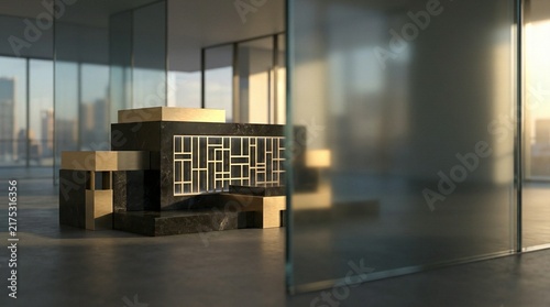 A modern office reception desk made of marble and metal, with abstract geometric patterns, stands in a bright, spacious lobby with a city view at sunrise.
