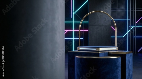 A futuristic display stand with neon lights, abstract design, and plush blue velvet podiums, evoking a sense of modern luxury and sophisticated presentation.