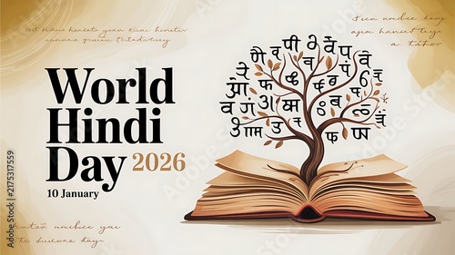 World hindi day 2026 poster with open book and tree design