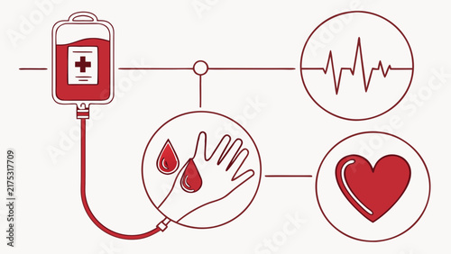 Medical blood donation illustration concept with blood bag and heartbeat pulse icons.