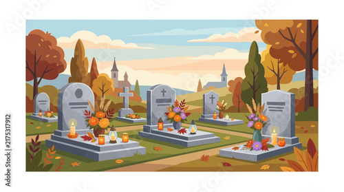 Autumn cemetery scene with gravestones and candles