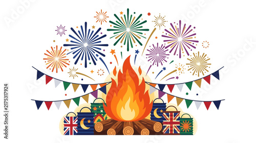 Campfire Celebration with Fireworks and Bunting