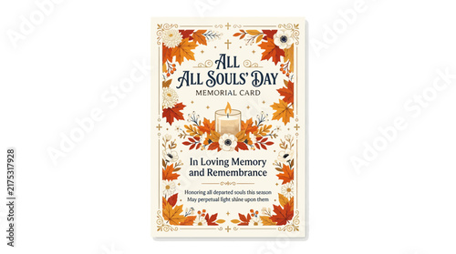 All Souls Day Memorial Card with Candle and Autumn Leaves