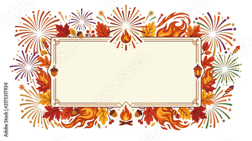 Autumn Celebration Frame with Fireworks and Leaves