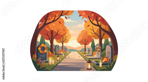 Autumn Cemetery Path with Gravestones and Lanterns