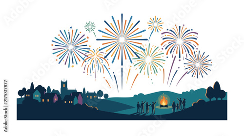 Celebration Fireworks Over Village Landscape