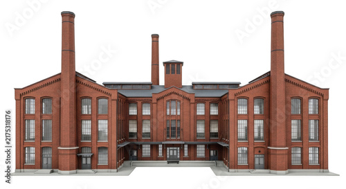 Old red brick factory building isolated on transparent background