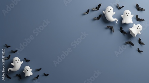 Cute white ghosts and black paper bats on a dark grey background