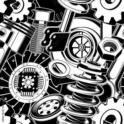 Automotive Parts Seamless Pattern with Vintage Car Engine Components, Gears, Wheels, Suspension and Mechanic Tools for Garage and Textile Design