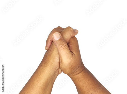 hands clasped together isolated. close-up of folded hands for praying, hope, faith, agreement, unity, support, and togetherness.