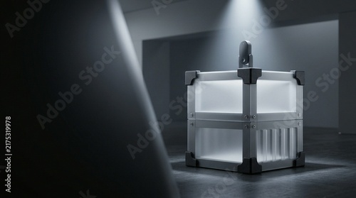 A modern, illuminated cube-shaped container with metal reinforcement sits on a concrete floor under a spotlight, evoking a sense of minimalist design and futuristic industrial appeal.