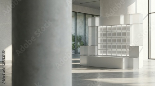Modern minimalist interior design with sleek concrete pillar and illuminated glass block wall shelving, evoking a sense of spaciousness and calm.