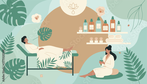 Relaxation spa center illustration featuring a woman on massage table with a monstera leaf, a tea-drinking friend, and cosmetics.