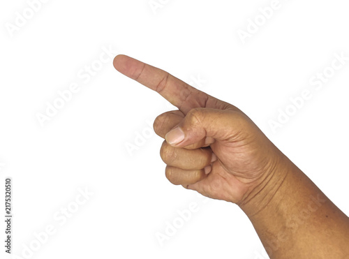 Hand pointing index finger isolated. Close-up of human hand making pointing gesture to direction, copy space, button press, or selection.
