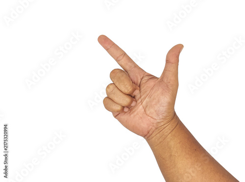 Hand showing pointing up isolated. Close-up of human hand pointing with index finger and thumb for direction and sign.
