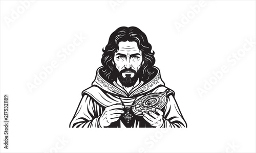 Foto Black and white illustration of a monk holding an astrolabe or ancient