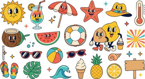 Cute Summer Vacation Sticker Collection with Sun Beach Drinks Pineapple and Tropical Icons Flat Vector Illustration