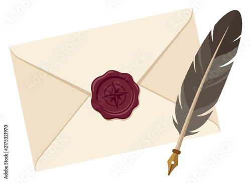 Vintage envelope with compass wax seal and dark feather quill