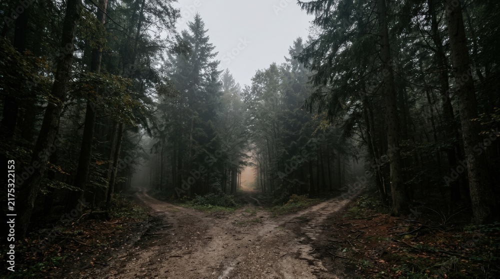 Obraz premium Misty Forest Path Splitting Into Multiple Shadowed Routes