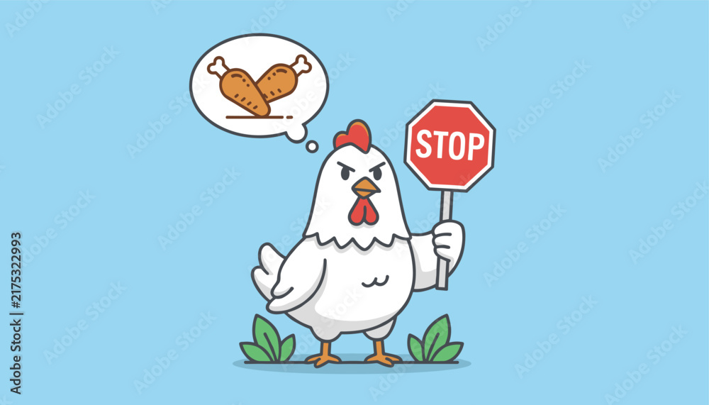Naklejka premium Humorous cartoon of an angry white chicken holding a red stop sign while thinking about chicken drumsticks on a light blue background.