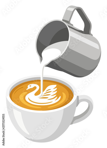 A professional barista pouring steamed milk into a cup of coffee to create a beautiful swan latte art design