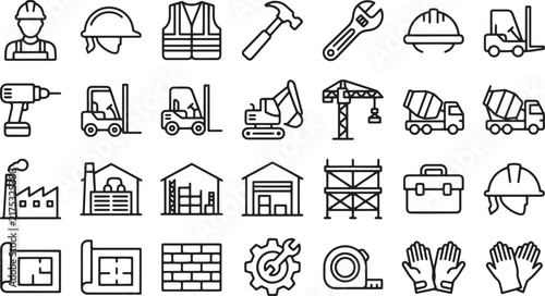 Construction Tools Building Architecture Equipment Line Vector Icon Set