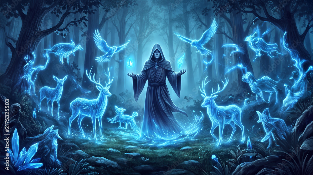 Naklejka premium Wizard summoning spectral forest animals in dark woodland. Hooded figure performing magic ritual with glowing blue spirits of deer and birds in fantasy setting.