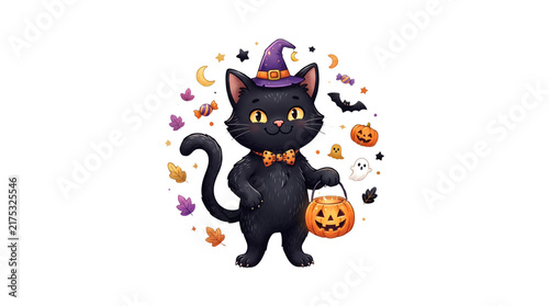 Foto Cute black kitten wearing purple witch hat holding orange jack o lantern for spo